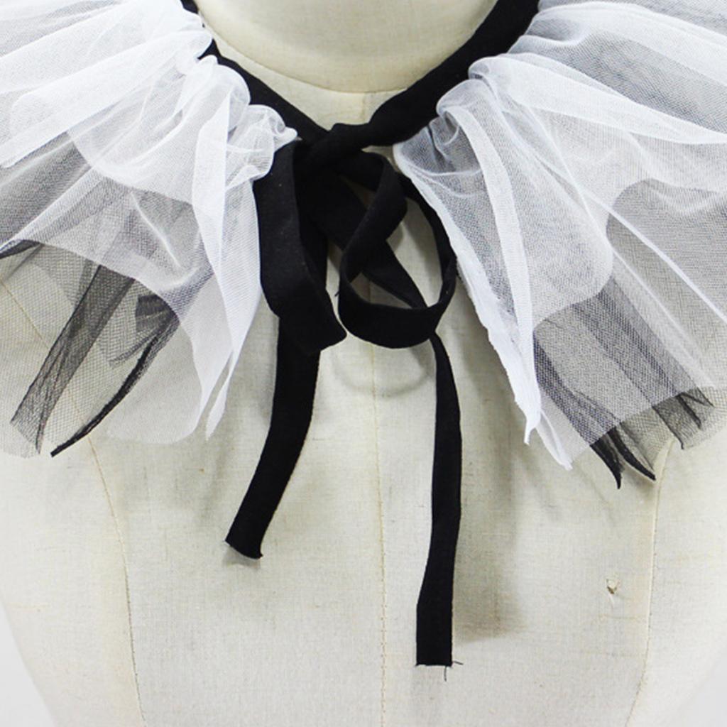 Women Victorian Ruffle Mesh Fake Collar Shawl Vintage Renaissance Black White Tulle Clown Cosplay Neck Ruff Choker Shawl