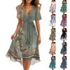 Women's Summer Fashion V-Neck Flared Dress Short Sleeve Floral Dresses