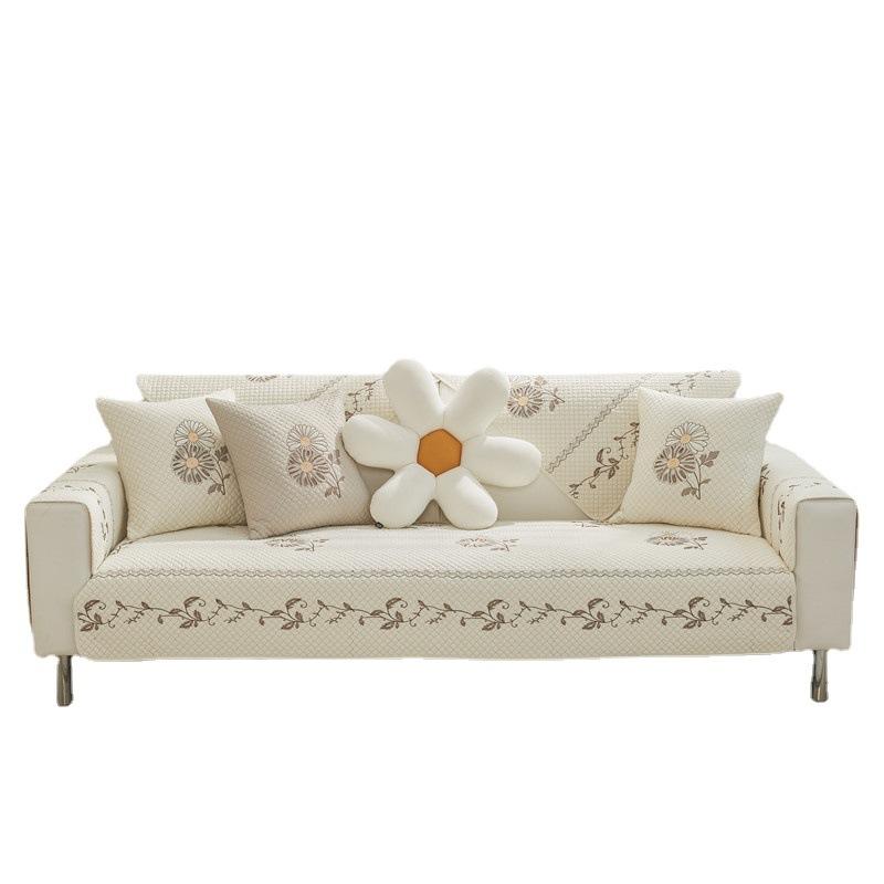 Four Seasons Fabric Washed Cotton Embroidery Sofa Cushion, Modern Simple Combination Non-Slip Sofa Cushion Towel Wholesale