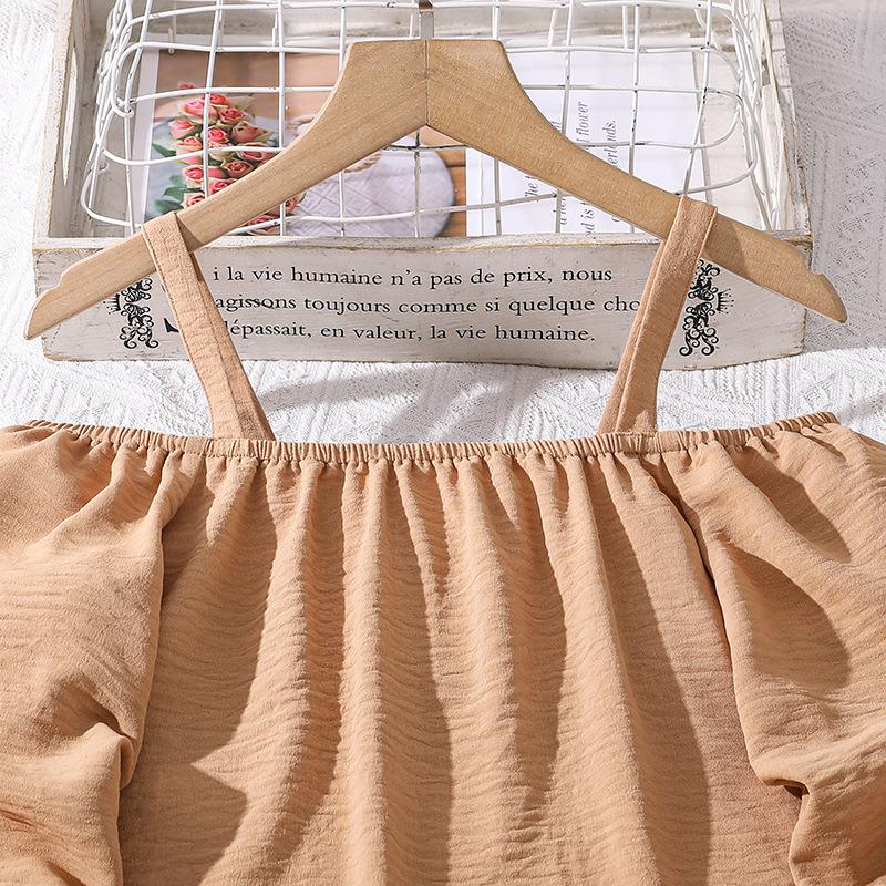 2024 Autumn New Girls 6-12 Years Old Suspender One Shoulder Long Sleeve Top Suit 2 Pcs