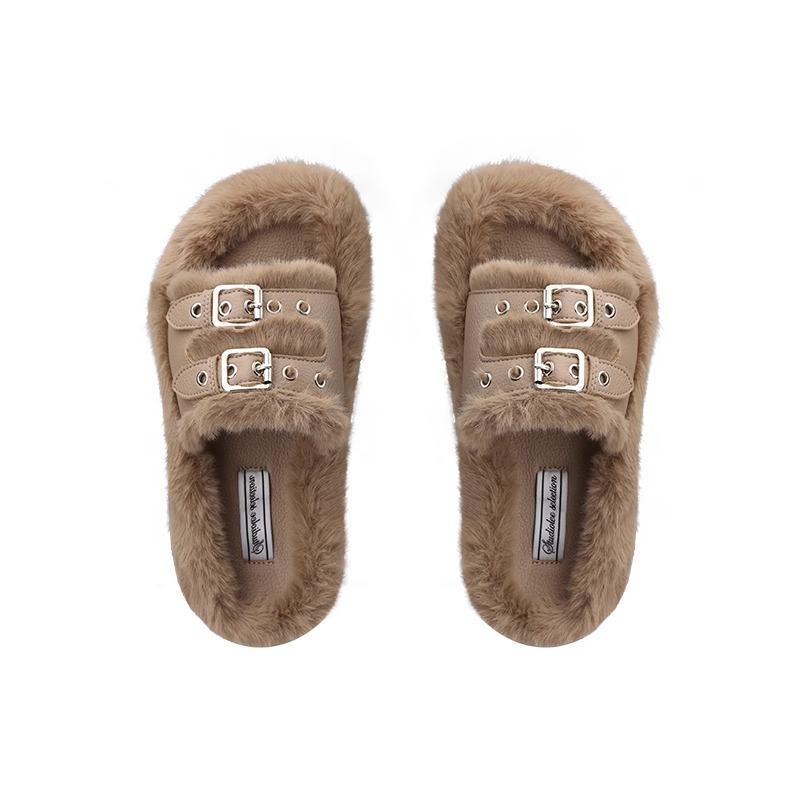 Double-breasted Flat Bottom Home Thick Bottom Fluffy Outer Wear Fluffy Slippers Women Autumn and Winter