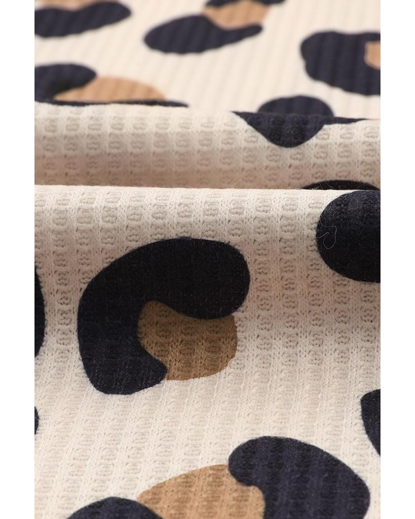 Azura Exchange Brown Leopard Splicing Waffle Knit V Neck Top