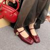 2025 Spring New Square Head Mary Jane Shoes Women's Word Belt Evening Gentle Red Thick Heel Single Shoes Women