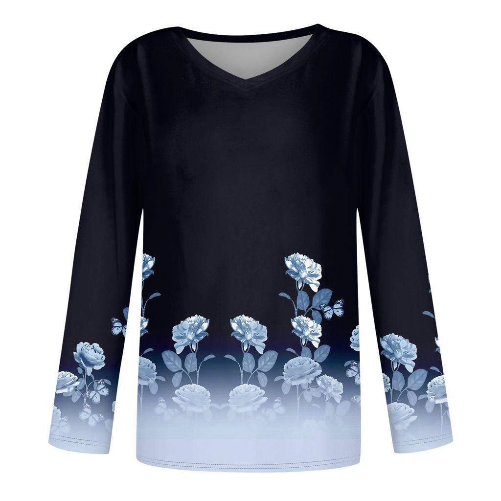 Women's Fashion Casual V Neck Long Sleeve Printed T-Shirt Ladies Top