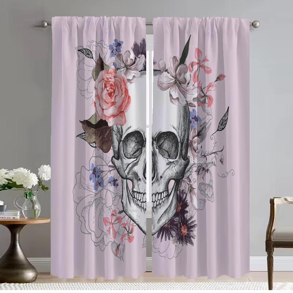 Window Curtain for Room 2 Panel Flower Skull Curtains for Bedroom Halloween Decoration Partition Home Interior Curtains Living