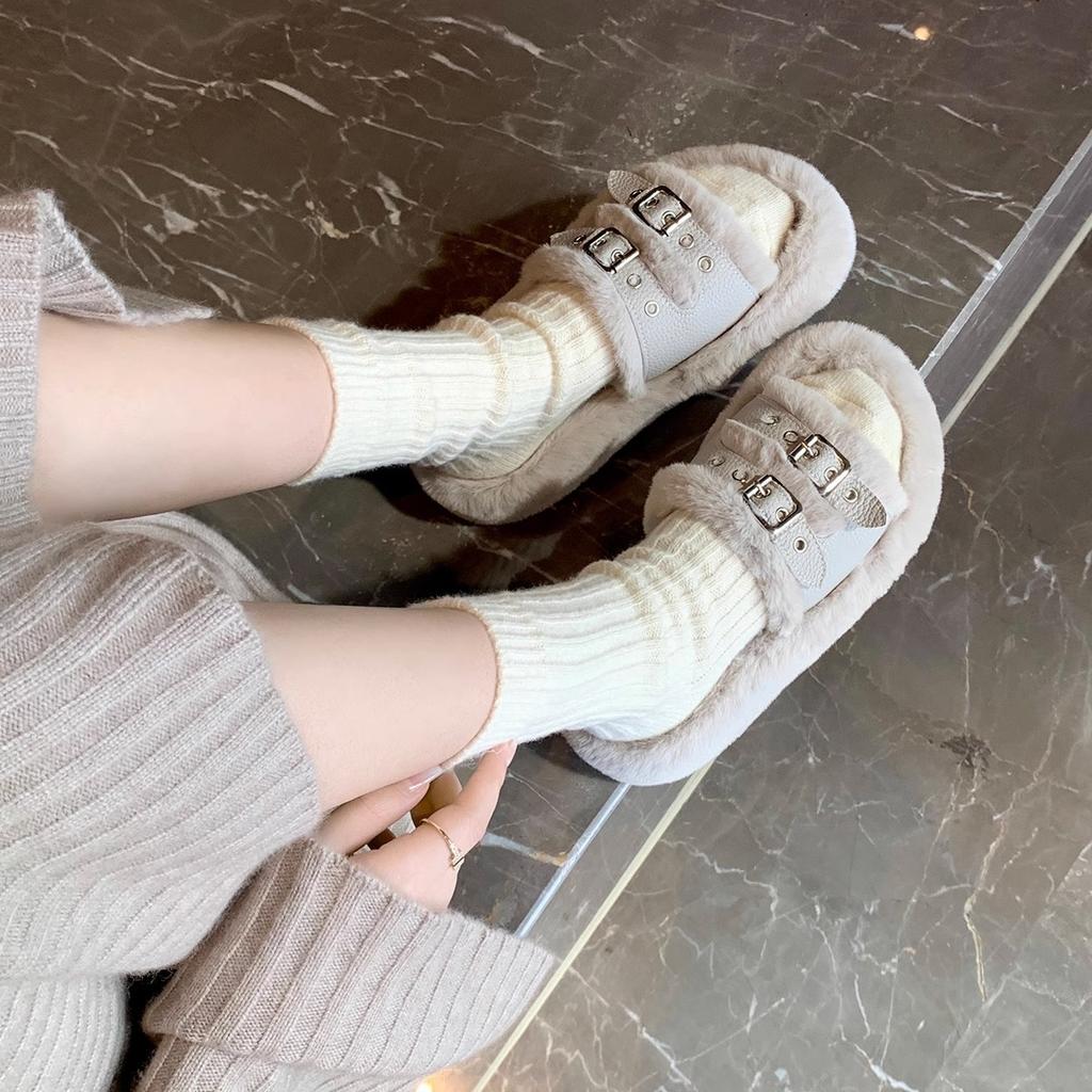 Double-breasted Flat Bottom Home Thick Bottom Fluffy Outer Wear Fluffy Slippers Women Autumn and Winter