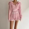 Autumn Winter Women Casual Twist Knitted Sweater Pant Two Piece Set Full Sleeve Zipper Pullover Tops and Elastic Waist Shorts Tracksuit
