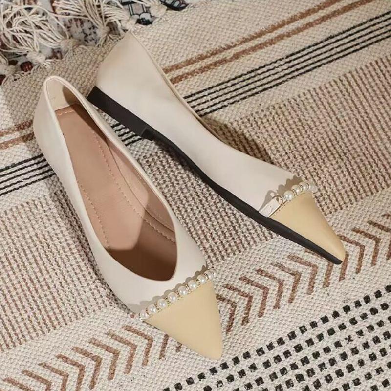 Fashion Splicing Color Pearl Pointed Toe Woman Flats Promotion Spring and Autumn Chic Point Comfortable Elegant Slip-on Shoes for Women