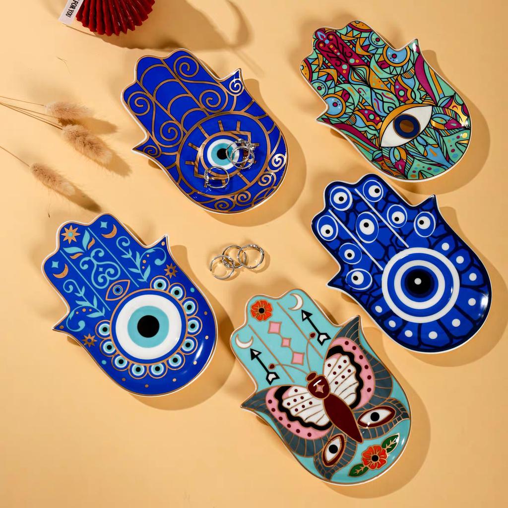 Evil Eye Hand of Fatima Holder,Jewelry Tray, Ring Dish,Decorative White Ceramic Ring Tray for Jewelry, Key Bowl