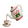 Christmas Teapot Ornament Holly Vintage Tea Cups And Pot Set Xmas Tree Hanging Ornaments 2D Acrylic Teapot Decor with Pouring Tea Effect