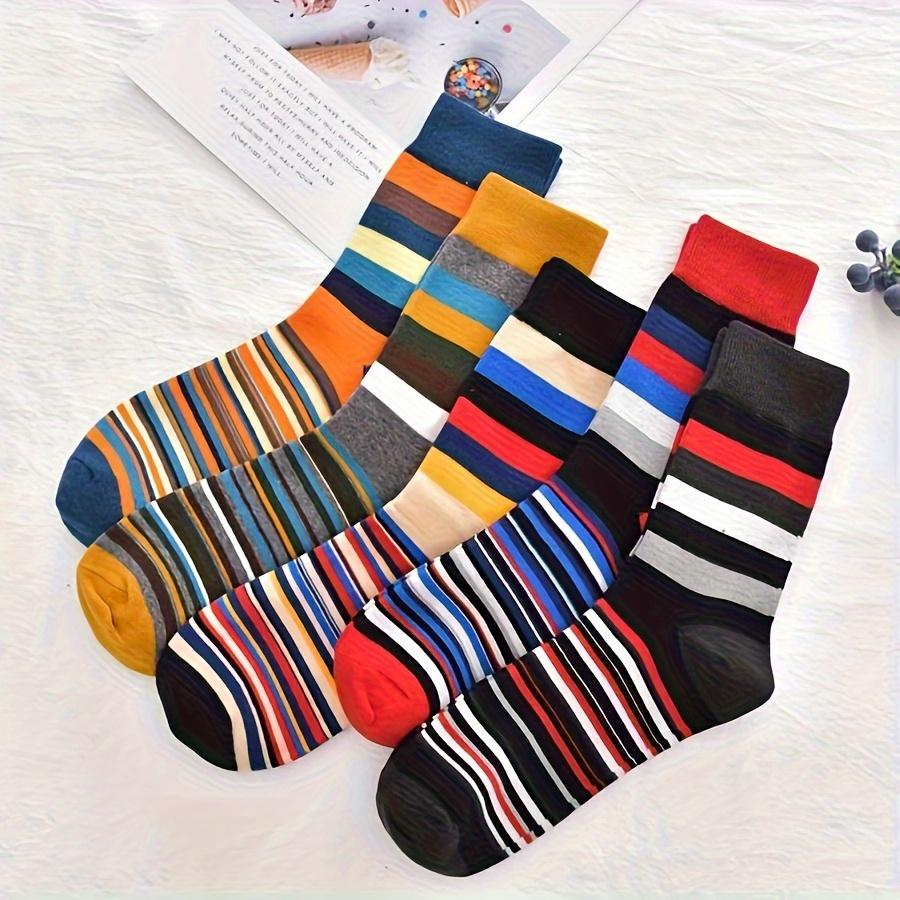 5-Pair Pack Autumn/Winter Men's Fashion Striped Color-Block Vintage Trendy Casual Mid-Calf Cotton Socks, 100% Cotton, Knit Fabric, Hand Washable