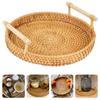 Dinner Serving Tray With Handle Handwoven Rattan Storage Tray Fruit Cake Wicker Basket Round Shape Breakfast Bread Food Plate