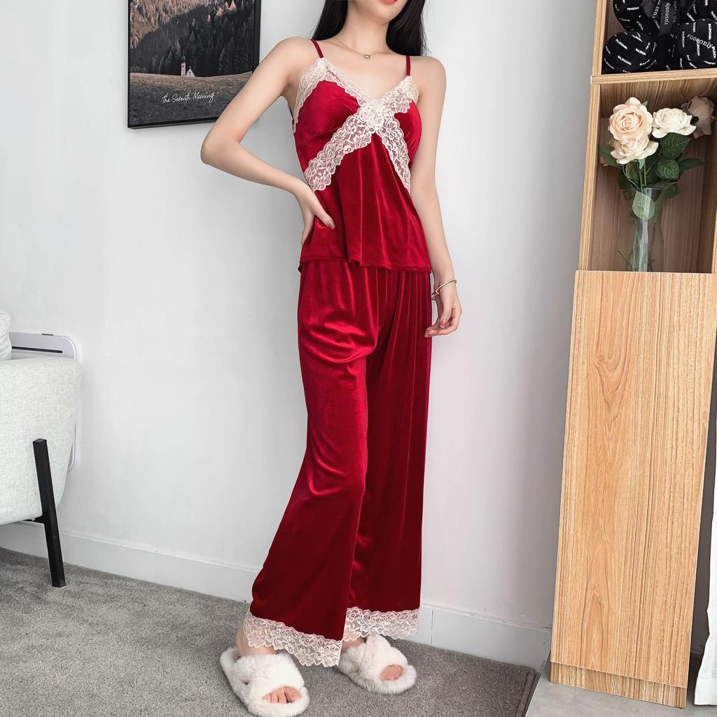 New Autumn Velvet 3PCS Pajamas Set Sleepwear Sexy Lace Trim Bath Robe Nightgown Loose Casual Velour Home Clothes Loungewear