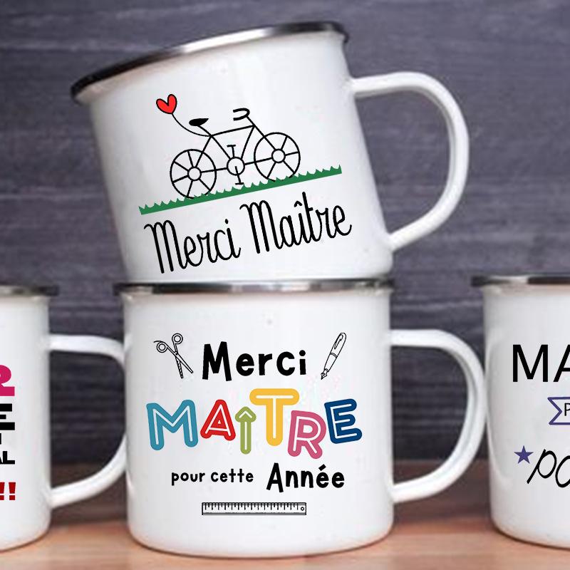 Merci Maitre Printed Mug Creative Coffee Tea Cups Drinks Water Cup Enamel Mugs School Home Retro Handle Drinkware Teacher Gifts