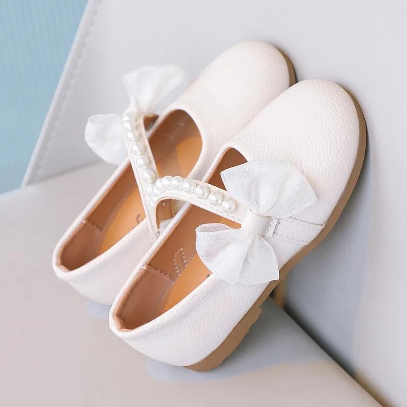 Girls Pearls Leather Shoes for Party Wedding Children Elegant Princess Shoes with Bow-knot Kids Flats Mary Janes Shoes Round-toe