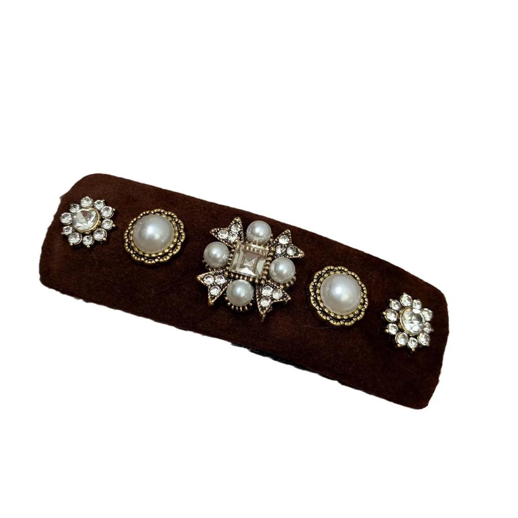 Korean Hair Accessories Heavy Industry Baroque Retro Rhinestone Edge Clip Velvet Bangs BB  Elegant Women's  Headwear