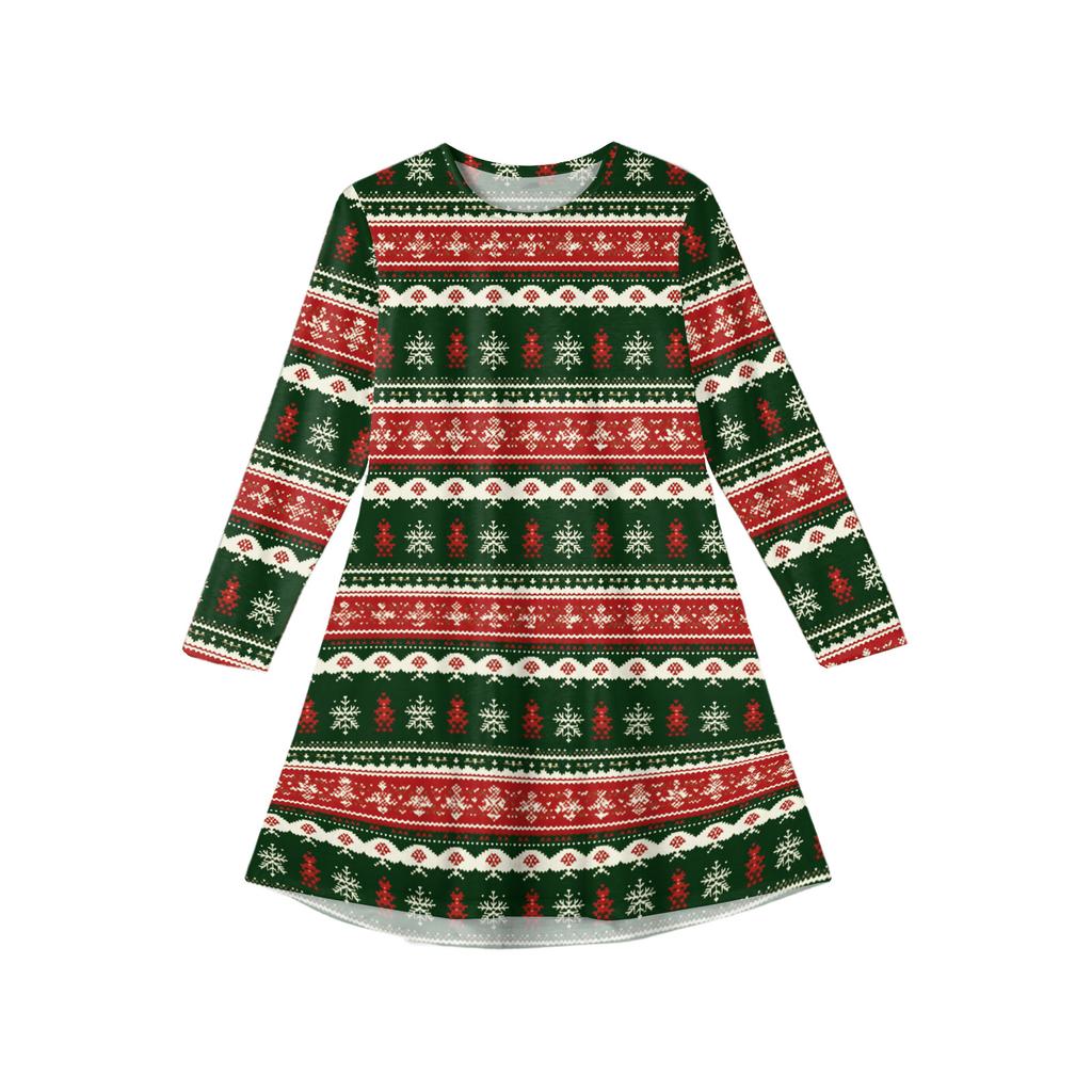 Christmas Day Girls' Long Sleeve Dress - Color Pocket Dress