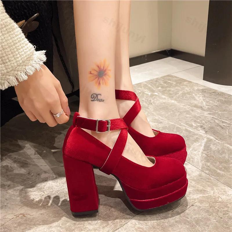 Fashion Hot Selling Mary Janes Shoes Women Suede Luxury High Heel Lace Up Trend Lolita Shoes Elegant Chunky Party Pumps Zapatos De Mujer