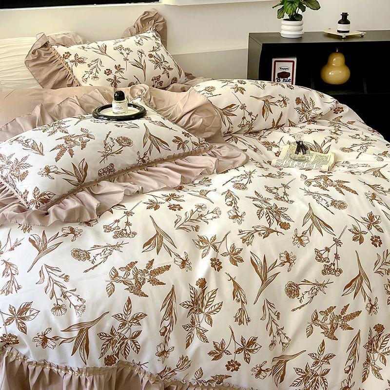 French Retro Light Luxury Washed Cotton Four Piece Set Bedroom Lace Duvet Set Single Bedding Set Dormitory Bed Linen