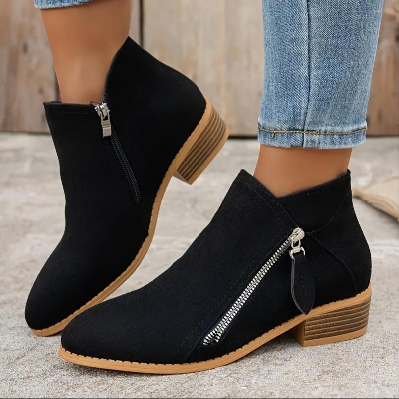 Женские ретро однотонные ботильоны - Ботильоны на толстом каблуке 1,57 дюйма - Удобные всесезонные ботильоны на толстой подошве с боковой молнией и заостренным носком