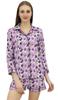 Womens Purple Rayon Printed Shorts Set Long Sleeve Sleepwear