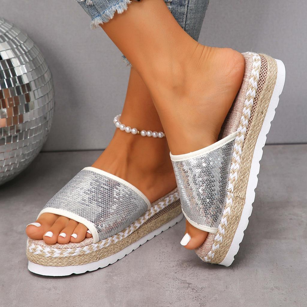 2025 Summer New Linen Thick Bottom Wedge Heel Sequins European and American Bohemian Fish Mouth One-word Drag Large Size 36-43