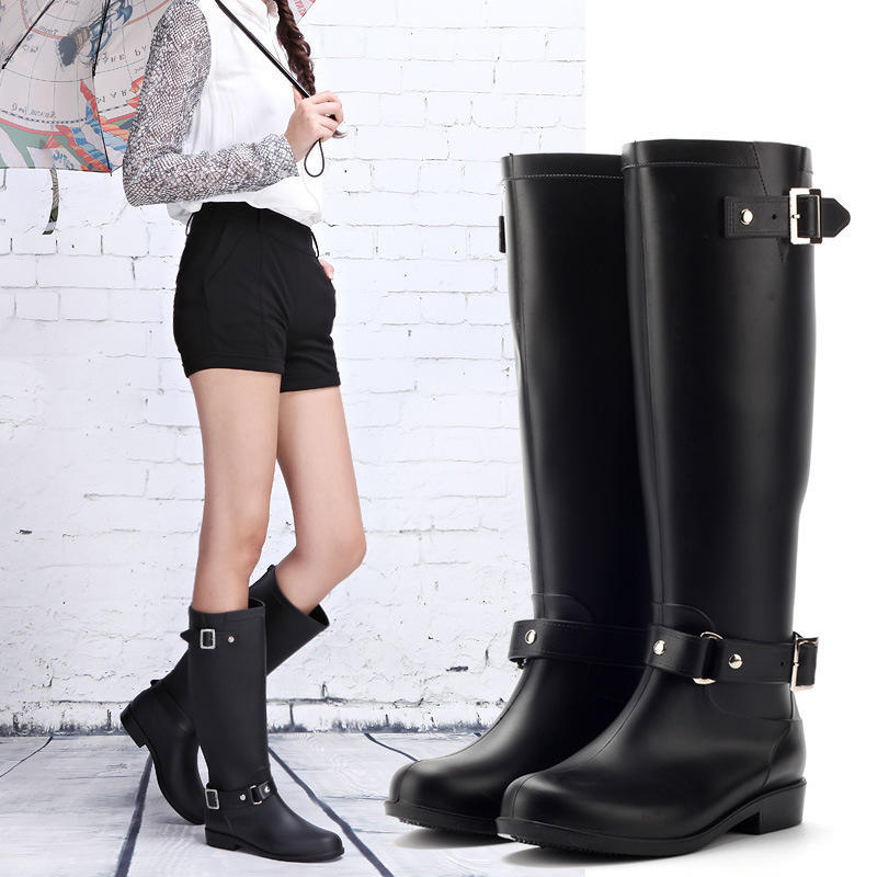 Fashion 2024 New Tall Buckle Rain Boots Women Waterproof Punk Style Zipper Tall Boots Female Shoes Work Knee High Boots Plus Size 36-41