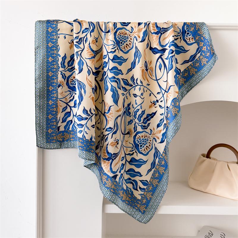 Sweet Spring Summer Flower Print Square Silk Scarf Casual Elegant Thin Breathable Scarf For Women Windproof Head Wrap Gifts