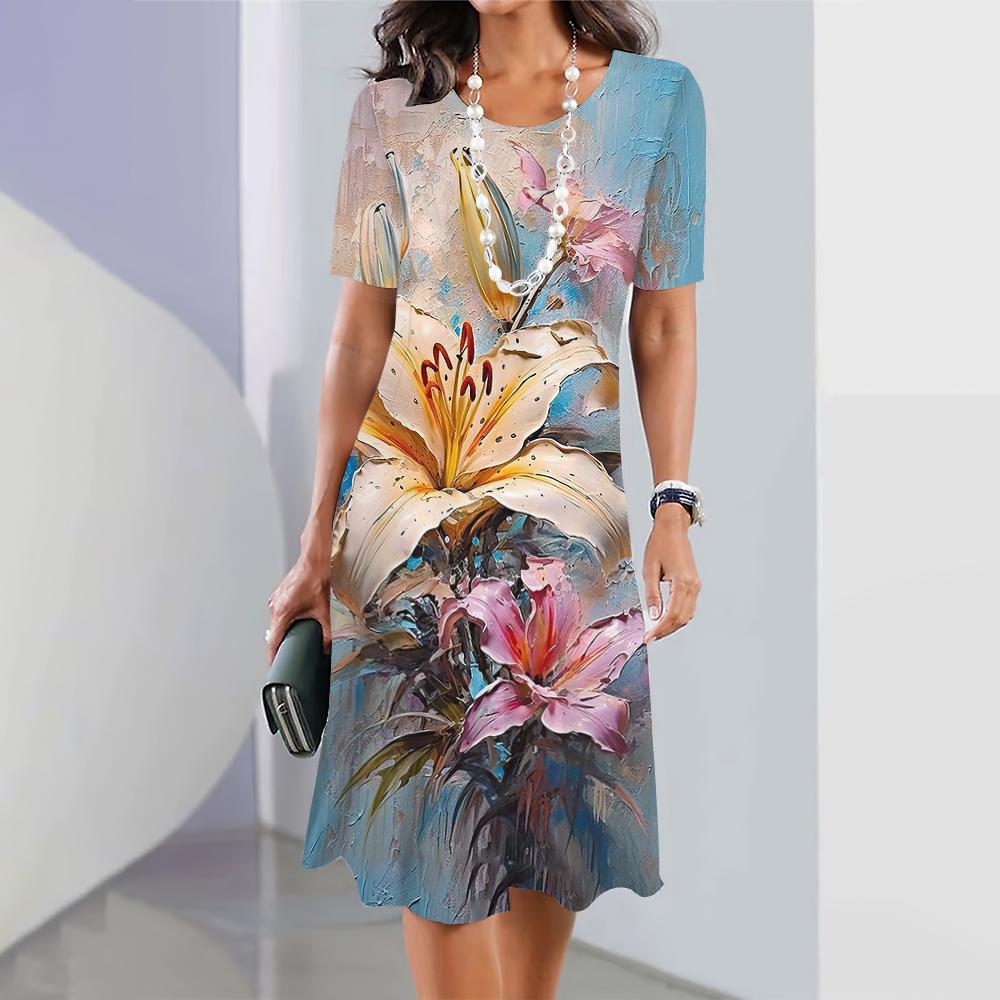 2024 New Spring Women's Dresses Floral Printed Elegant Casual Short Sleeve Dresses Fashion Oversized Women's Dresses