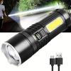 LED High Power Flashlight Rechargeable Zoom Strong Waterproof Outdoor Torch Aluminum Alloy COB Side Lights 4 Modes