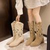 Hollow Coarse High Heel Western Cowboy Boots Women's 2024 New Embroidered Medium Boots Vintage Frosted Tall Fashion Boots