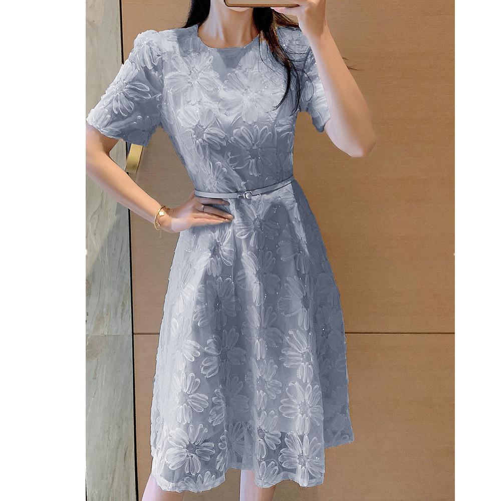 New Fashion Mesh Sequined Embroidery Short Dress Women Clothing Elegant Floral Pearl Belt Slim Casual Summer Dress