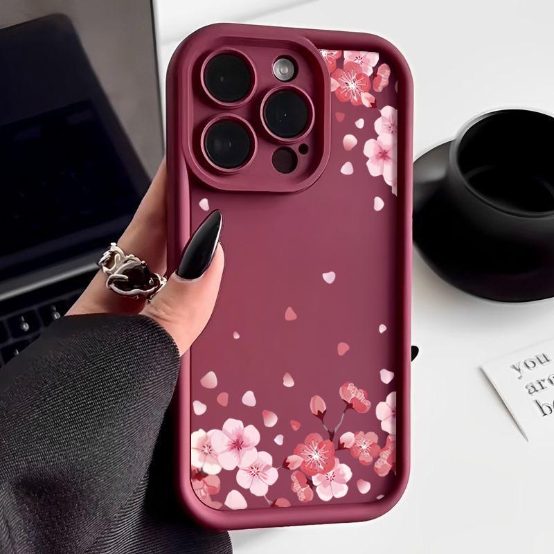 Soft TPU Silicone Phone Case For iPhone 15 16 14 Pro Max 11 12 13 Pro 16E XR 15 Plus Pink Peach Blossom Pattern Shockproof Cover
