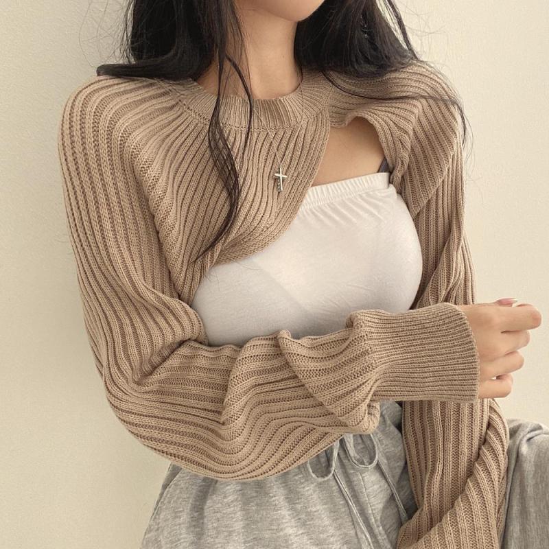 Irregular Knitted Sweaters Korean Chic Vintage All Match Sweater Women Round Neck Long Sleeve Split Pullover Crop Top