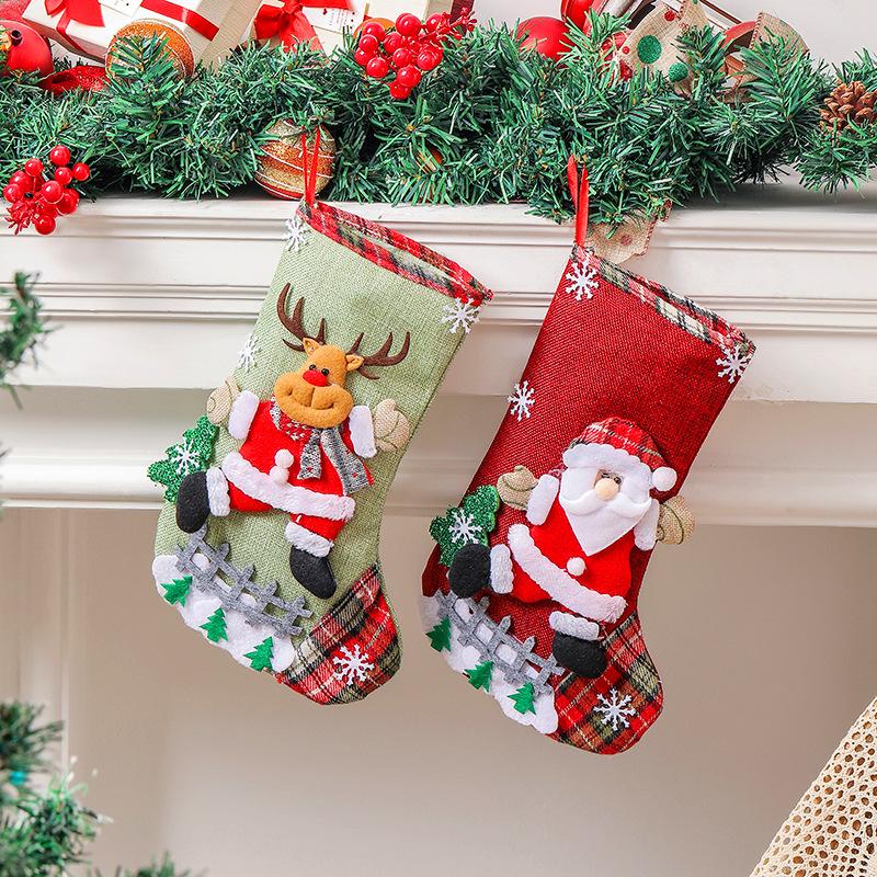 Linen Christmas Stocking Fence Christmas Gift Bag Christmas Tree Ornament Candy Bag Ornament