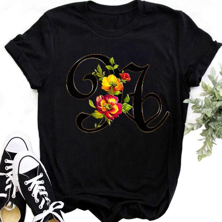 Custom Name Letter Combination Tops Fashion Women T-Shirt Rose Flower Heart Letter Font A B C D Short Sleeve Tees Black T-Shirt