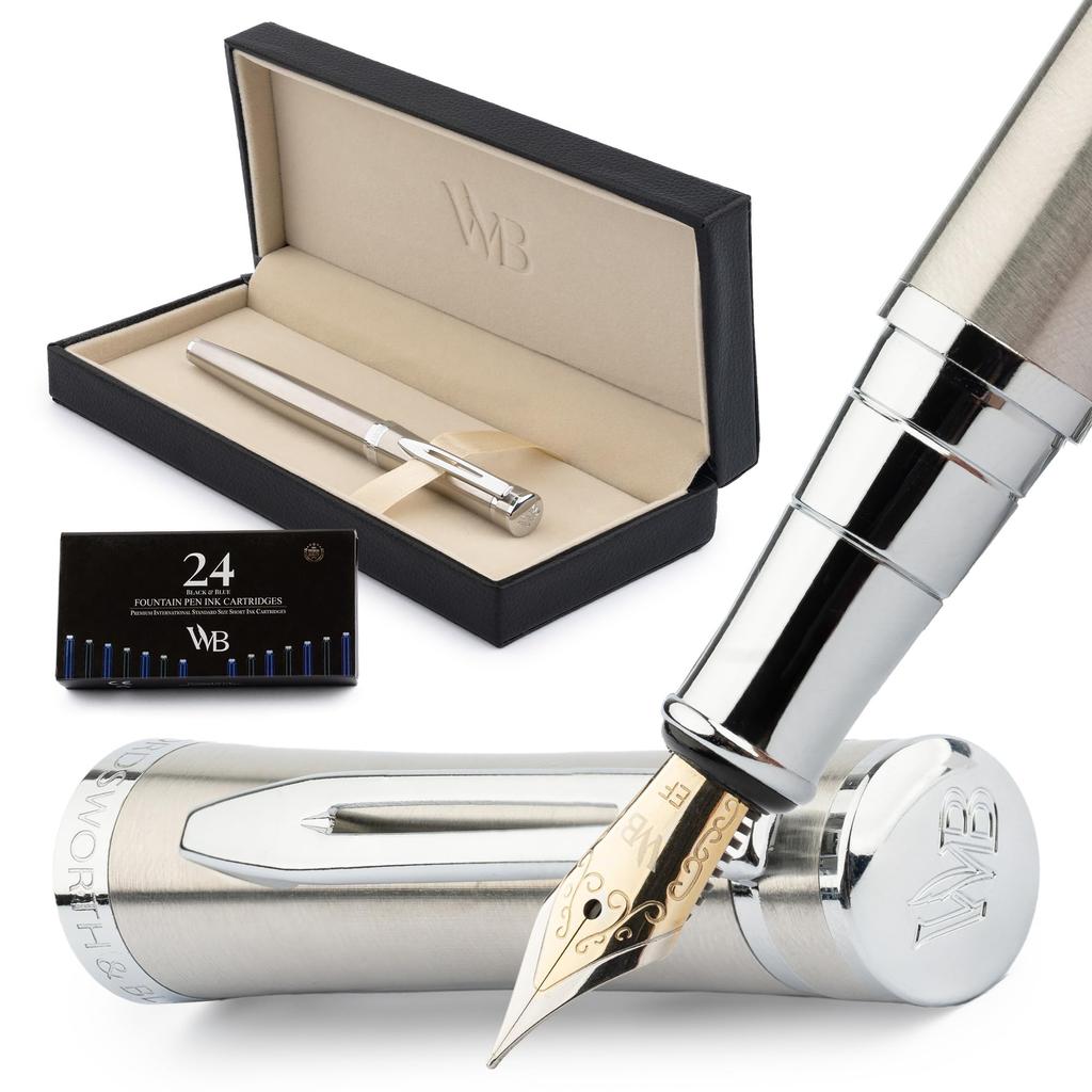 Wordsworth Black Fountain Pen 18K Ink Ink Refill Gift Box Chrome Ideal for Men and Women & Set, Gold-Plated Extra-Fine Nib, 24-Pack Cartridges,