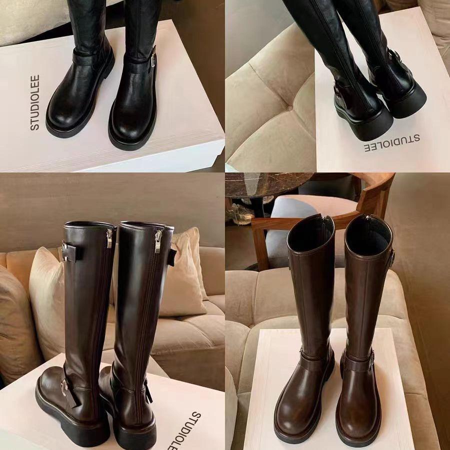 Grape Mother Autumn and Winter New Polish Pictorial~ Fashion Round Head Buckle with Thick Heel But Knee High Boots Knight Boots Women