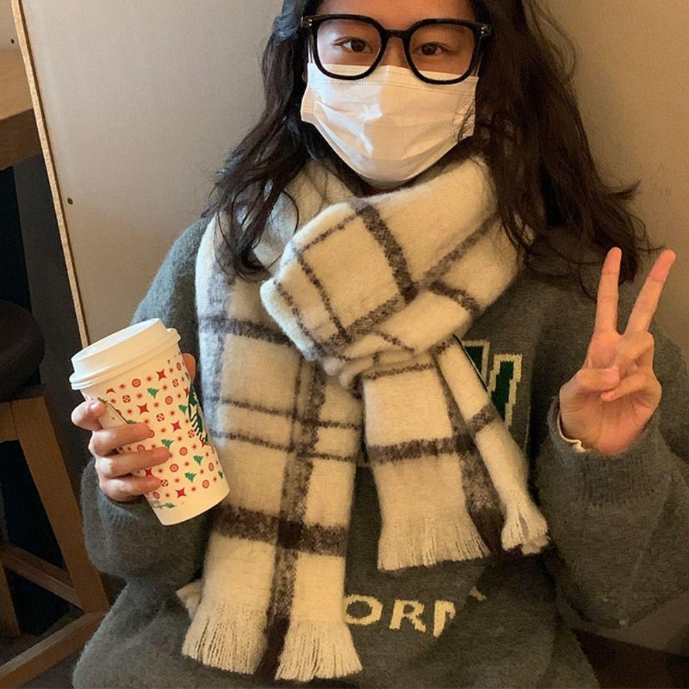 Winter Cashmere Scarves Beige Mohair Tassel Shawls Long Pashmina Plaid Scarf  Girls