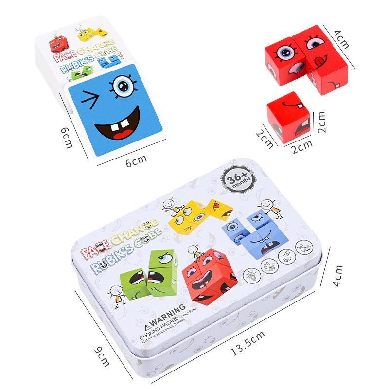 Wooden Children'S Early Education Fun Face-Changing Expression Rubik'S Cube Building Block Battle Iron Box Hand-Eye Coordination Educational Toy