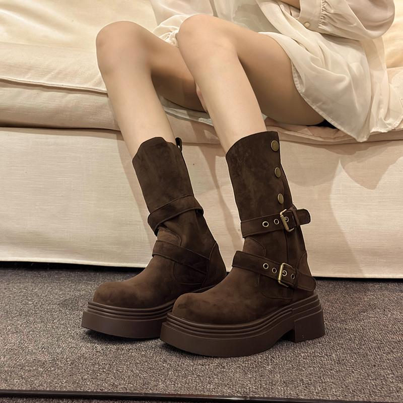 Mid-calf Flat with Modern Boots Winter Slip-on 2024 High Quality Women's Shoes Round Toe Low Heel Buckle Novelty Women's Boots