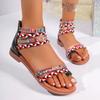 Сандалии в римском стиле с плетеным ремешком на щиколотке для женщин, лето 2025 г., бохо-принтованные плоские сандалии, женская обувь больших размеров для отдыха на открытом воздухе, пляжная обувь