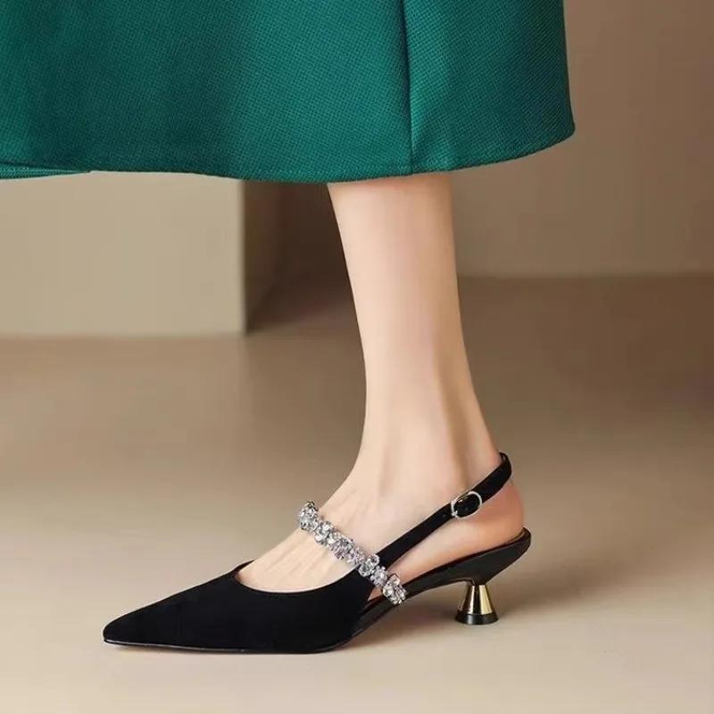 Fashion French Rhinestone Strap Bao Too Shallow Sandals Women's New Summer Pointed Toe Stiletto Stiletto High Heel Shoes