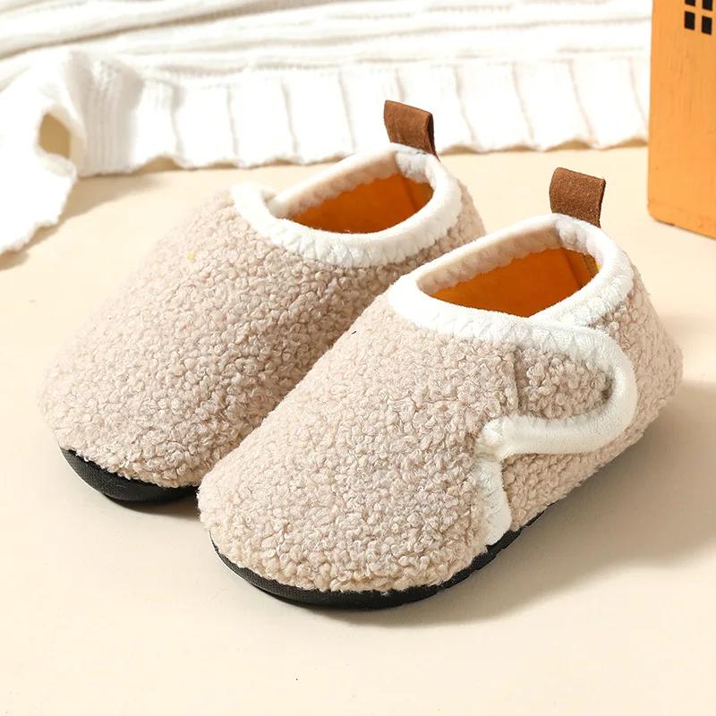 Child Cotton Slippers Solid Warm Kid Winter Home Shoe Boy Girl Plush Floor Shoe Indoor Soft Sole Anti-slip Cotton Shoe