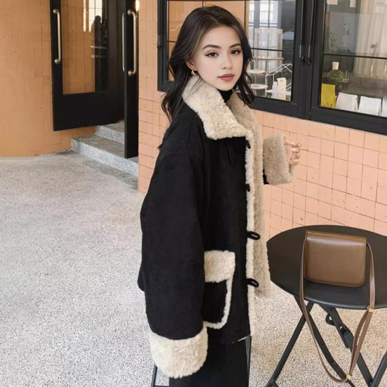 Women Winter Jacket Retro Fleece Contrast Color Thickened Plush Outerwear High Collar
