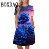 Summer Blue Rose Print Dress for Women, Elegant Short Sleeved Round Neck Beach Party Dress, Loose and Casual Women's Clothing