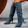 Shoes for Women Sexy Light Denim Pointed Toe Pleated Loose Over The Knee Boots Women Tube Slip On Thin Heels Women Long Boots