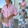 Women Shirt Lapel Long Sleeve Striped Print Casual Tops Buttons Placket Irregular Hem Loose Fit Spring Autumn Shirt