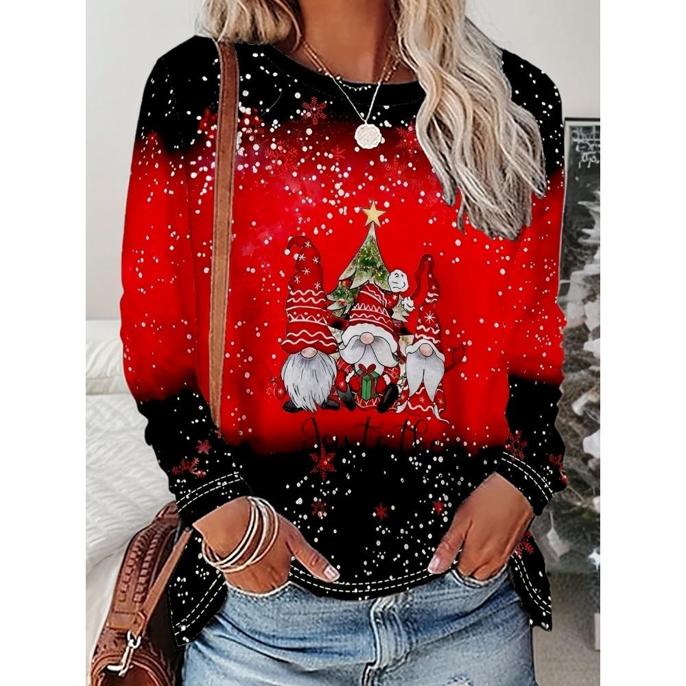 Casual Polyester Knit Sweatshirt with Christmas Gnomes Print, Long Sleeve, Round Neck, All-Season Comfort, No Detail - Regular Fit