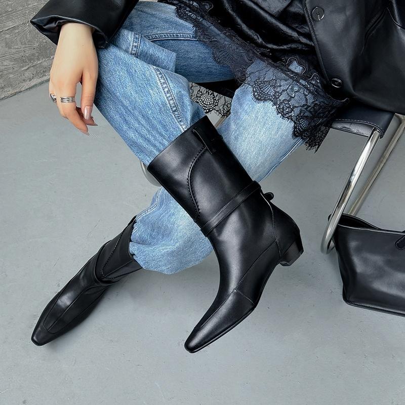 Fashion 2025 Ins New Sheepskin Boots Handmade Square Toe Chunky Mid Heel Autumn Winter Ankle Boots Fashion Office Dress Women's Shoes